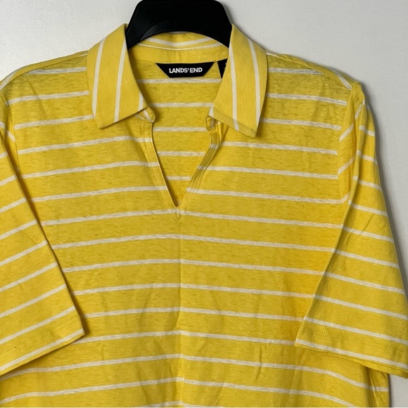 Lands End Yellow Striped Split Neck Polo Shirt Linen Blend Size Large Top 14/16 - Picture 2 of 11